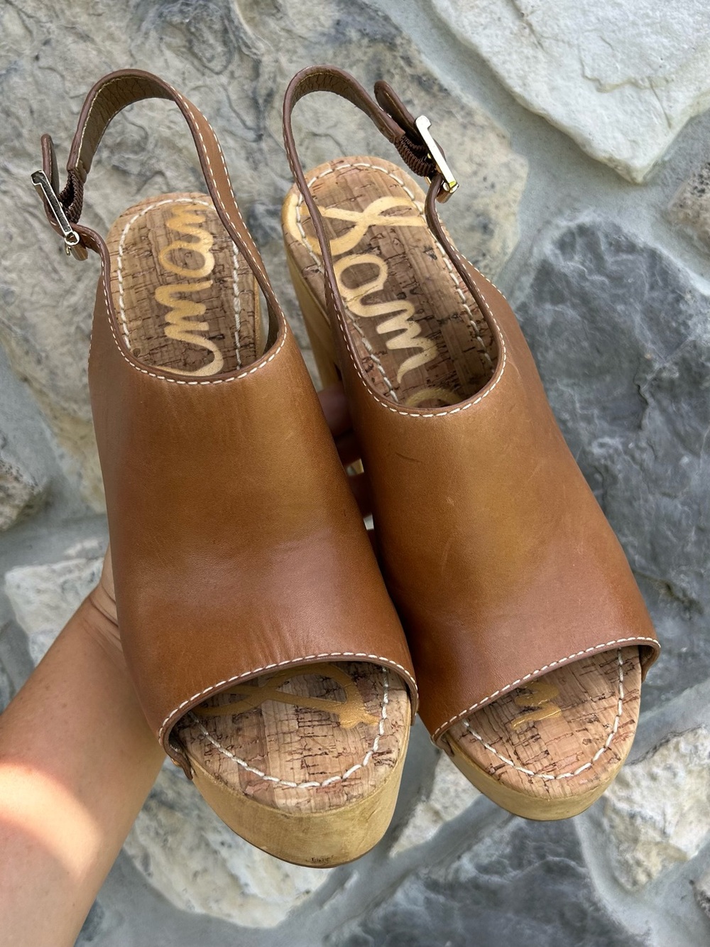 Sam Edelman Chunky Platform Clogs 8.5 Brown Leather Peep Toe Boho Beach Festival - Picture 2 of 7